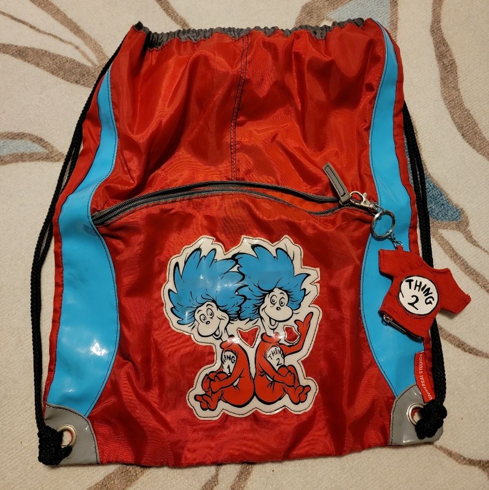 Red and Blue Drawstring Bag with Thing 1 and Thing 2
